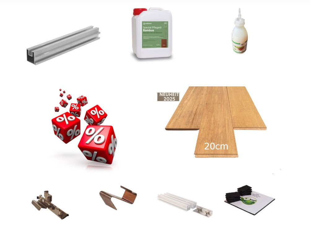 AMBOOO Closed Deck Bambus Terrassendielen Komplettset, in der Farbe Natur hell Sand, als Sparpaket mit Unterkonstruktion, Clips, Pflegeöl und Zubehör für den Terrassenbau.