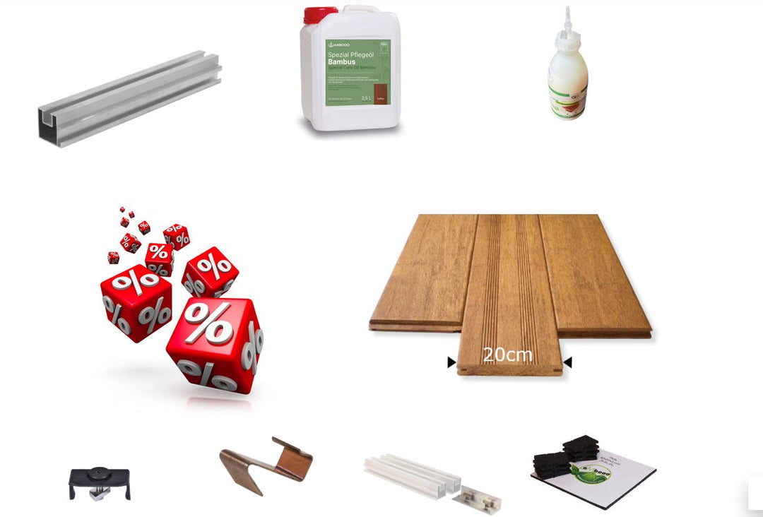 Das XXL Terrassendielen aus Bambus Sparpaket in Natur hell, mit Zubehör und einer Unterkonstruktion aus Aluminium.