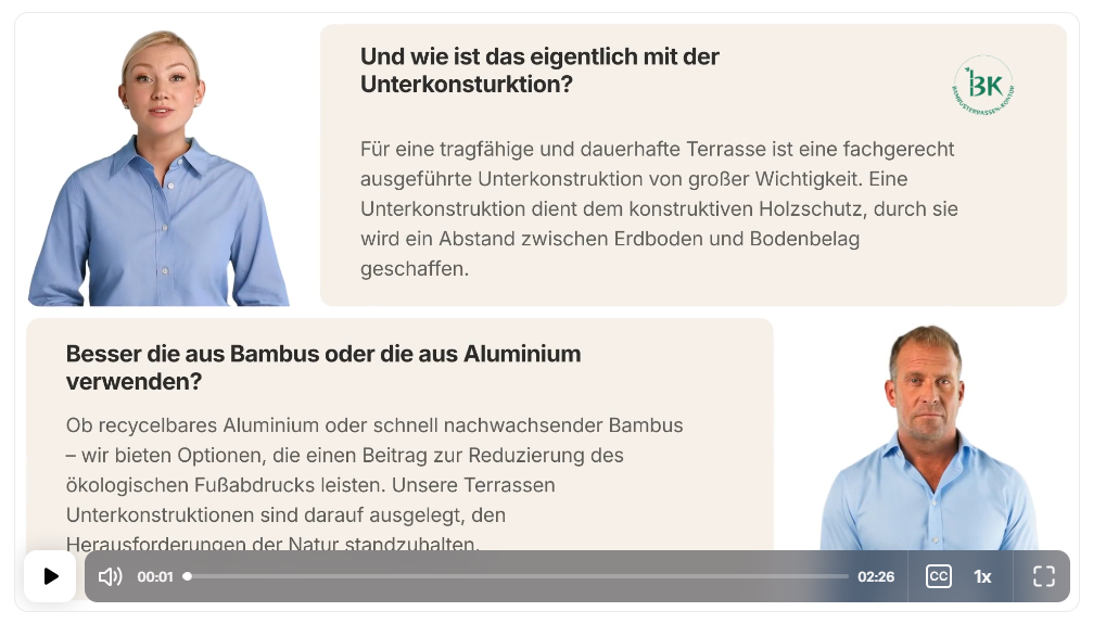 Erfahre in diesem Video alles über die Unterschiede zwischen einer Unterkonstruktion aus Bambus und Aluminium.