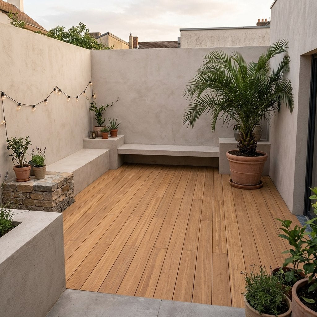 Ruhiger Innenhof mit XL AMBOOO-Closeddecking Bambusterrasse, gemauerter Sitzbank, Lichterkette und mediterranen Pflanzen in Terrakottatöpfen.