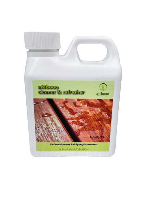 Bambus-Reiniger für Terrassendielen – AMBOOO Cleaner & Refresher zur effektiven Reinigung, Auffrischung und Pflege von Bambus-Terrassen.