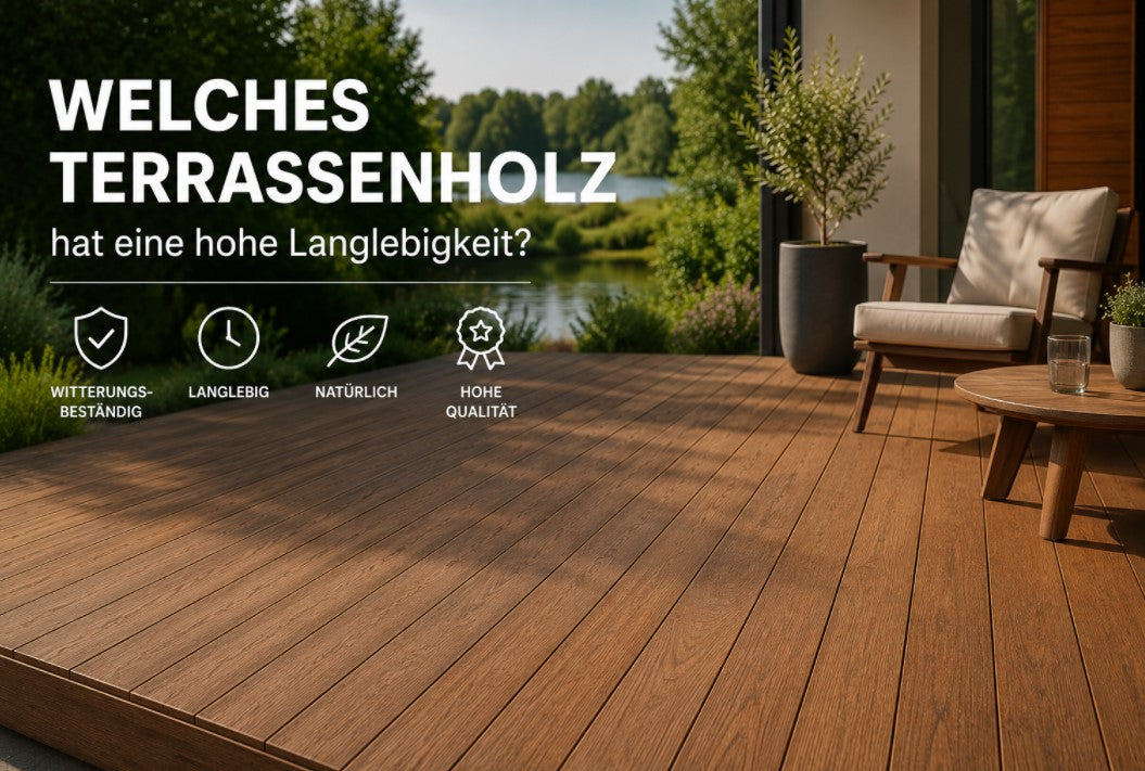 Langlebige Holzterrasse mit hochwertigen Terrassendielen in moderner Gartenlandschaft. Das Bild veranschaulicht die Auswahl besonders widerstandsfähiger Terrassenhölzer für eine dauerhaft schöne und pflegeleichte Terrasse.