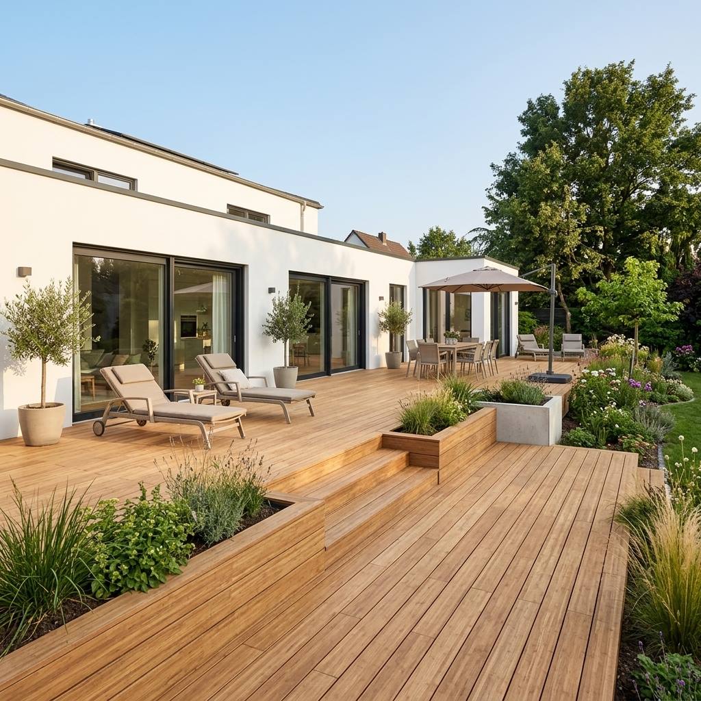 Moderne Bambusterrasse mit Sonnenliegen, Essbereich, Pflanzkübeln und üppiger Gartengestaltung vor einem weißen Wohnhaus.