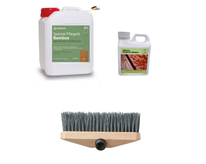 Komplettes Terrassenpflege-Set für Bambus-Terrassen: Bambus-Pflegeöl, Terrassenreiniger und Schrubbbürste für Reinigung, Schutz und Werterhalt für cobam, ambooo  und xtreme Bambusdielen.