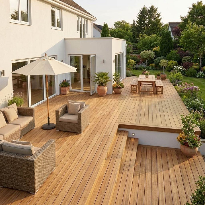 Großzügige Holzterrasse mit Lounge, Sonnenschirm und Essbereich vor einm weißen Wohnhaus mit Blick in einen gepflegten Garten.
