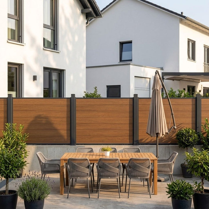 Sichtschutzzaun mit anthrazitfarbenen Pfosten hinter einer möblierten Terrasse mit Esstisch und Sonnenschirm.