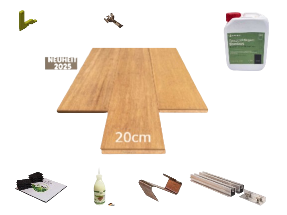 Bambus Terrassen-Komplettpaket mit Verbindungselementen, Pflegeprodukten und Unterkonstruktion