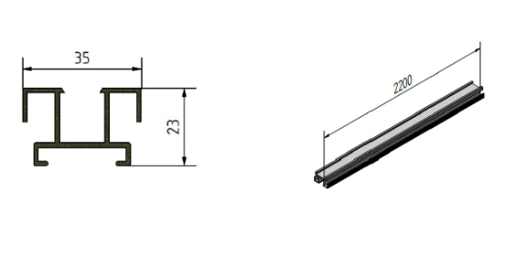 Technische Zeichnung der Aluminium-Unterkonstruktion mit den Maßen 35 × 23 mm und einer Länge von 2200 mm.