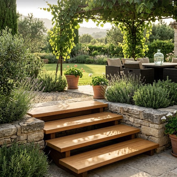 Moderne Terrassentreppe aus Bambus verbindet eine Natursteinterrasse mit dem Garten und fügt sich harmonisch in die mediterrane Gartenlandschaft ein.