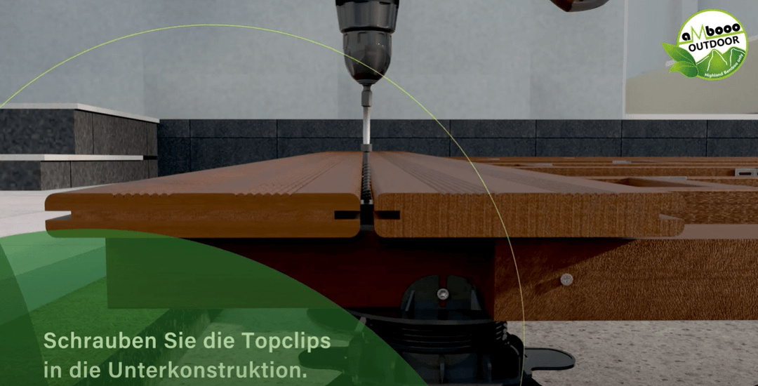 Topclips werden mit einer Schraube auf der Unterkonstruktion befestigt und sorgen für die verdeckte Montage der Terrassendielen.