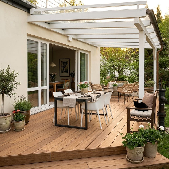 Überdachte Holzterrasse mit gedecktem Esstisch, Sitzmöbeln und zahlreichen Topfpflanzen an einem Wohnhaus.