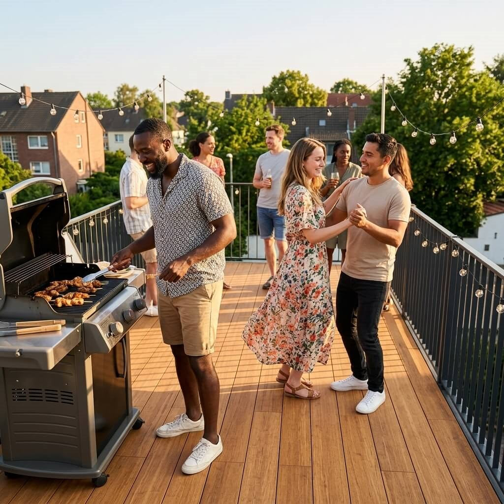 Menschen genießen einen Grillabend auf einer modernen Dachterrasse mit AMBOOO-Closeddeck-Terrassendielen, langlebiger und stilvoller Terrassenbelag für den Außenbereich.