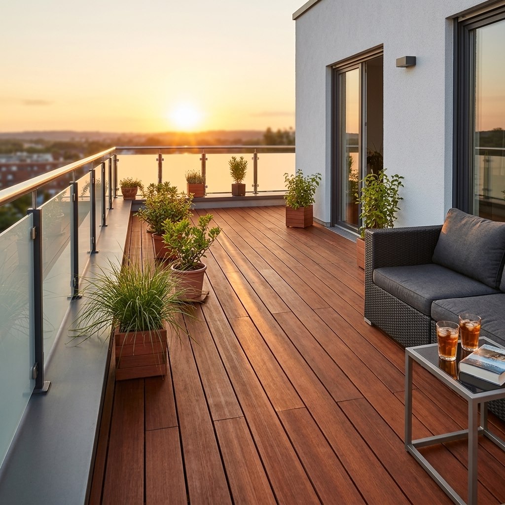 Moderne Dachterrasse mit Bambusdielen, Glasgeländer, Sitzmöbeln und Kübelpflanzen im warmen Licht des Sonnenuntergangs.