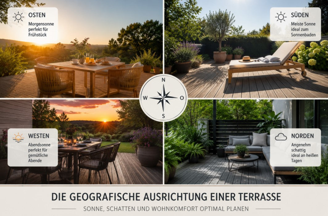 Neben der Lage, Form und Größe einer Terrasse ist  auch die Ausrichtung ein besonders wichtiges Kriterium für die Nutzung und Gestaltung.