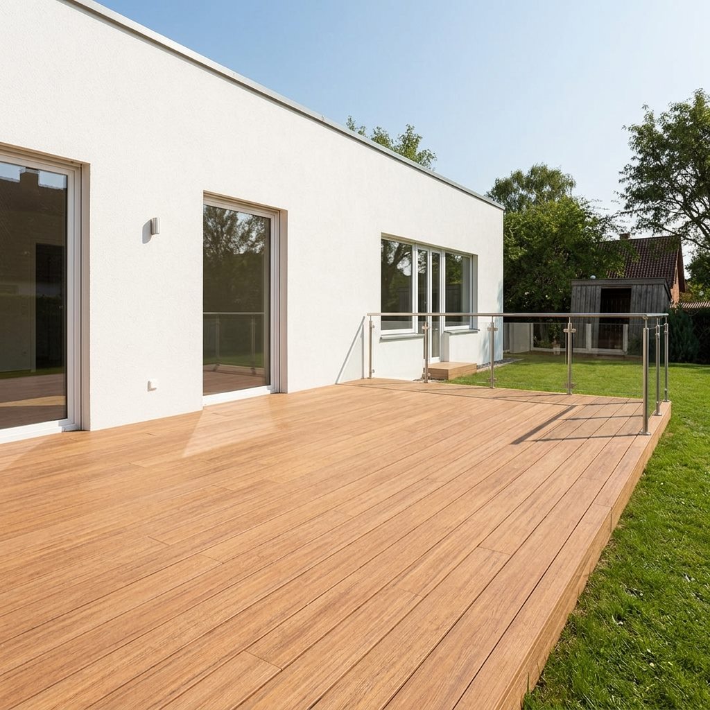 Große Closeddeck Colon Holzterrasse mit transparentem Metallgeländer an einem modernen weißen Wohnhaus mit Garten.