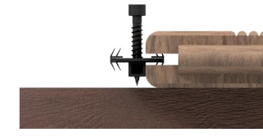 Schematische Darstellung der verdeckten Befestigung einer Terrassendiele mit dem Montageclip Top-Clip  und Schraube auf einer Unterkonstruktion.